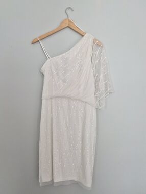 Adrianna Papell White One-Shoulder Beaded Sequin Cocktail Dress Size 6 NWT